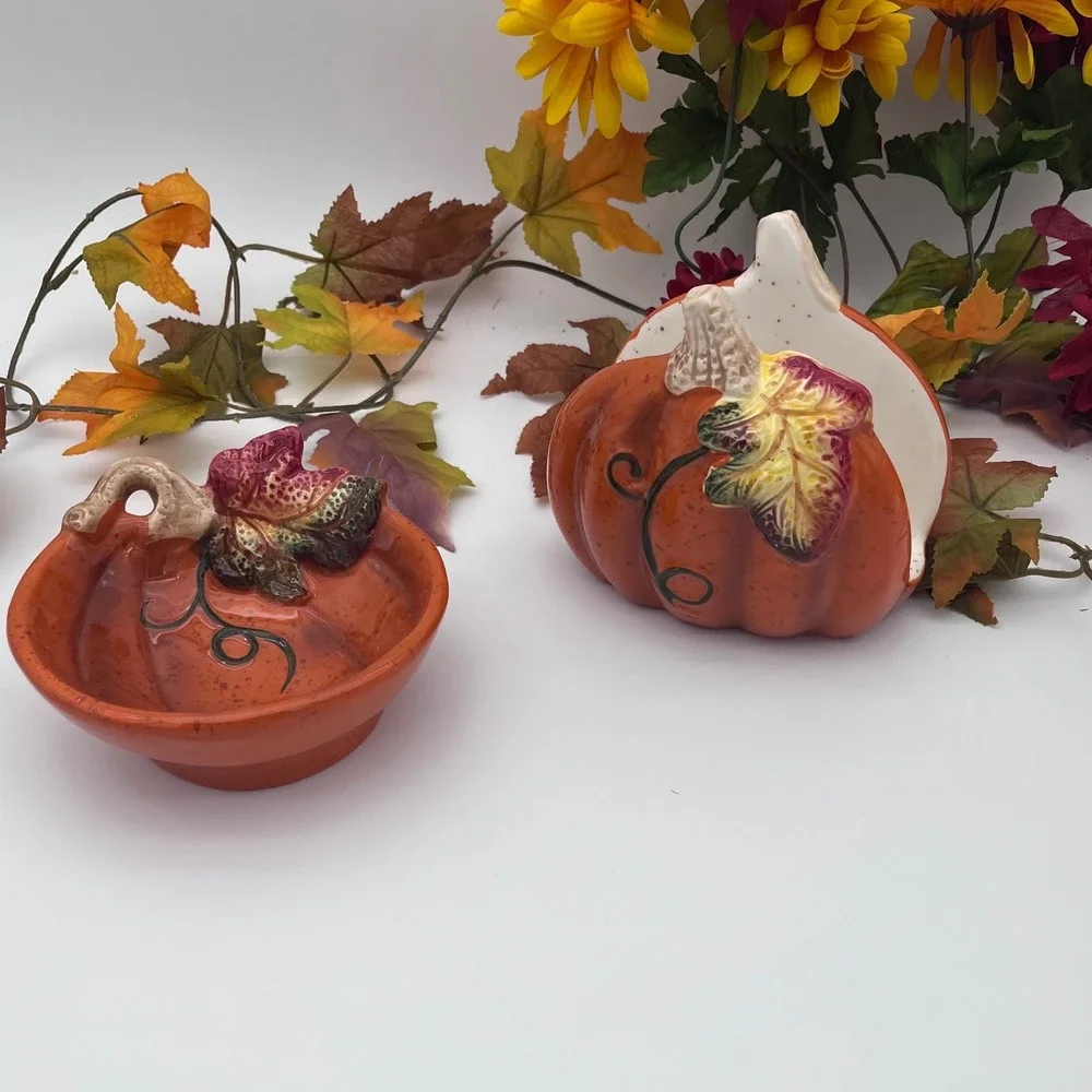 Unbranded Pumpkin Napkin Holder and Dish Set OS Orange Excellent Fall Harvest